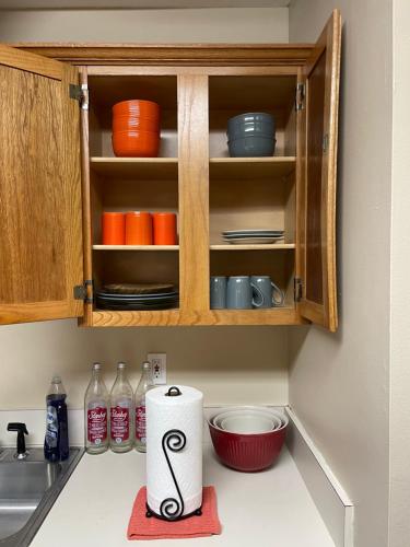 a kitchen counter with a roll of paper towels at Bayou and Beyond: The perfect stay in Monroe