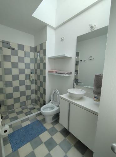 a bathroom with a toilet and a sink at Modern loft, view-town-La Candelaria neighborhood in Bogotá