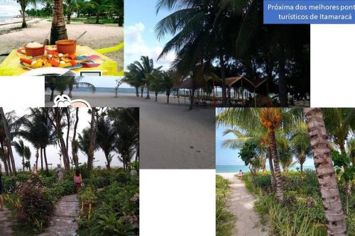 uma colagem de fotos de uma praia com uma palmeira em Casa com piscina Forte Orange- Itamaracá em Itamaracá