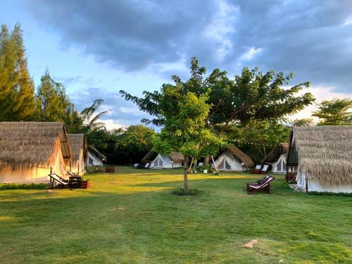 a group of houses with a tree in the yard at Glamping hill khaoyai in Khao Yai
