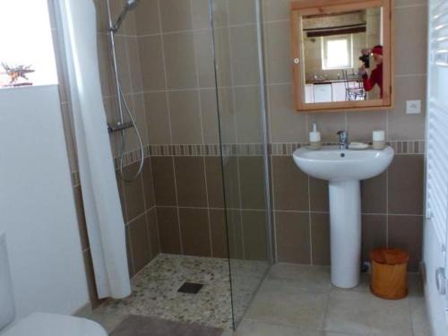 bagno con lavandino e doccia con lavandino di Maison rénovée du XVIe, jardin clos, proche de la Loire et châteaux, tout inclus, équipements complets - FR-1-381-562 a La Chapelle-sur-Loire