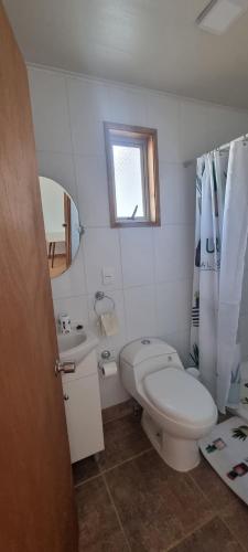 a bathroom with a toilet and a sink and a mirror at Habitacion Nofal - Pleno Centro in Los Vilos