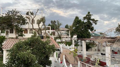 eine Gruppe von Häusern mit Dächern und Bäumen in der Unterkunft Casa de Campo - Fundo Raquel in Ica