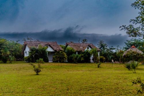 a house in a field with a cloudy sky at CABAÑAS THAJU in El Naranjito