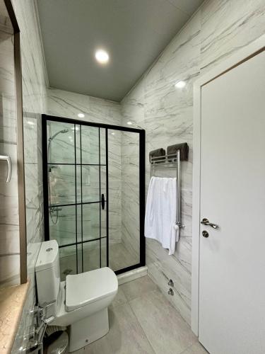 a bathroom with a white toilet and a shower at Hillside Inn in Batumi