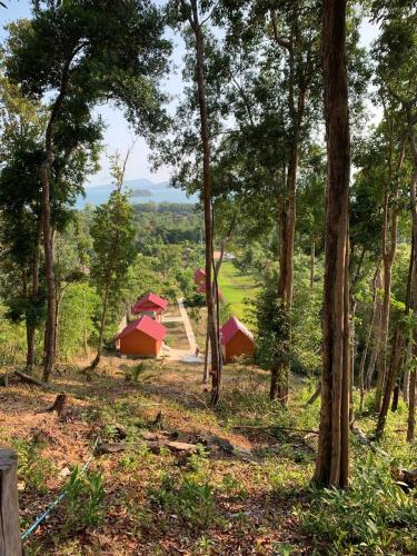 a group of trees with red roofs in a forest at Maloop Cafe Bungalow in Koh Rong Island