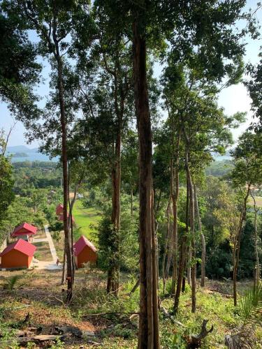 a view of a forest with trees and red buildings at Maloop Cafe Bungalow in Koh Rong Island