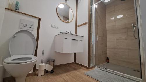 a bathroom with a toilet and a shower at MUGO pokoje Świeradów-Zdrój in Świeradów-Zdrój
