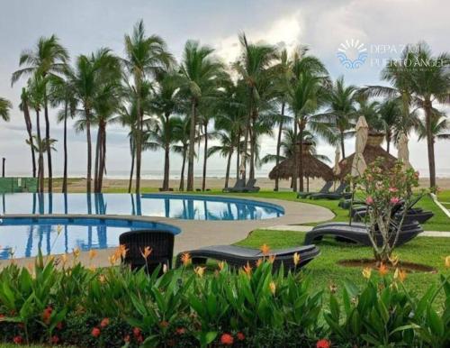 a rendering of a resort pool with palm trees at Encanto de Depa c/ Alberca y Club de Playa Privado in Barra Vieja