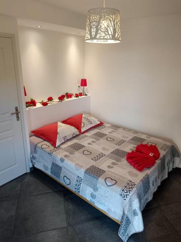 a bedroom with a bed with red pillows on it at Résidence Amarosa in Les Avirons