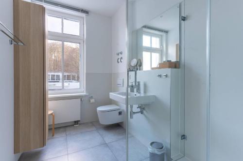 a bathroom with a toilet and a sink and a shower at Villa-Eden-Typ-4-Dependance in Binz