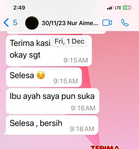 a screenshot of a text message on a cell phone at HOMESTAY CIK MUNAH in Taiping