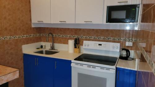 a small kitchen with a sink and a microwave at 310 Del Valle Central, Freshly Remodeled 3 Bedroom Home Sleeps 8 in San Juan