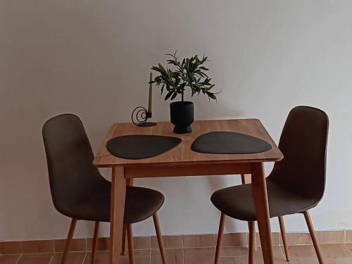 a wooden table with two chairs and a plant on it at Opg Pelejš in Pag
