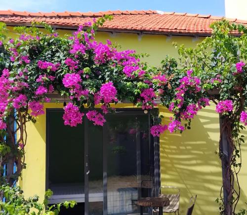 a balcony with pink flowers on a yellow house at Chunlii Homestay in Ke Ga