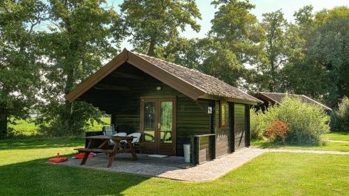 a small cabin with a picnic table in the grass at Blokhut in Putten