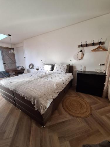 1 dormitorio con 1 cama grande y suelo de madera en Studio Augustinus en Vrouwenpolder