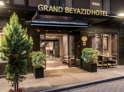 a hotel entrance with two potted trees in front of it at Grand Beyazit Hotel Old City in Istanbul