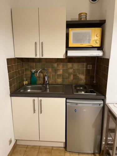 une petite cuisine avec un évier et un micro-ondes dans l'établissement Studio CARQUEIRANNE, à Carqueiranne