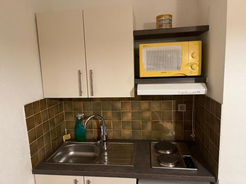 une cuisine avec un évier et un micro-ondes dans l'établissement Studio CARQUEIRANNE, à Carqueiranne