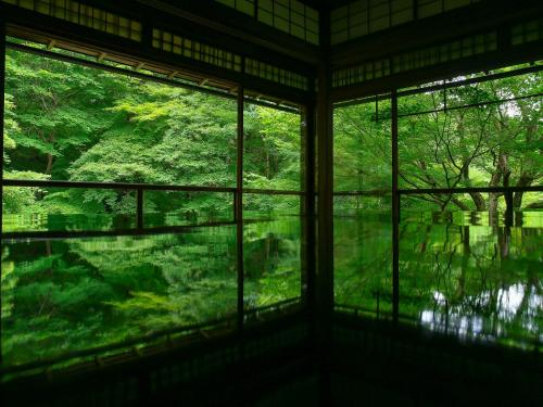a room with a window looking out at a forest at THE BLOSSOM KYOTO in Kyoto