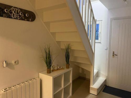 a staircase with potted plants on a white cabinet at Douce Escale in Strasbourg