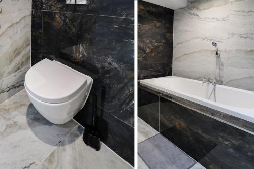 twee foto's van een badkamer met toilet en wastafel bij OYO Tudor Oaks Lodge Stevenage North in Astwick