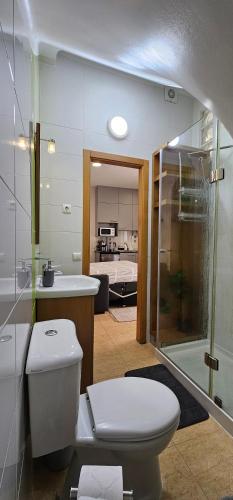 ein Bad mit einem WC, einem Waschbecken und einer Dusche in der Unterkunft SUNAO in Nazaré