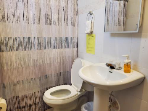 a bathroom with a toilet and a sink at Del Valle Central Casa near Trendy Calle Loiza- One bedroom with queen in San Juan