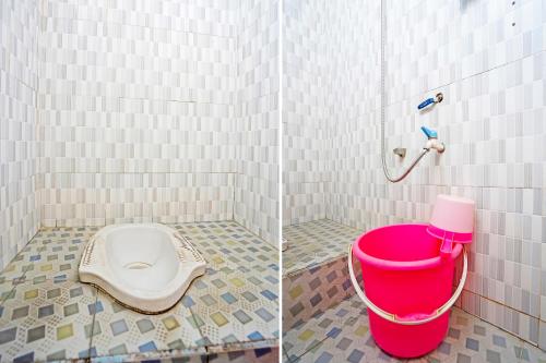 two pictures of a bathroom with a toilet and a bucket at OYO 91415 De Wijaya Hotel in Bungurasih