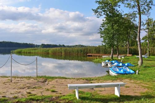a group of boats sitting on the shore of a lake at Namelis ant vandens "Giliaus namelis" in Tytuvėnai