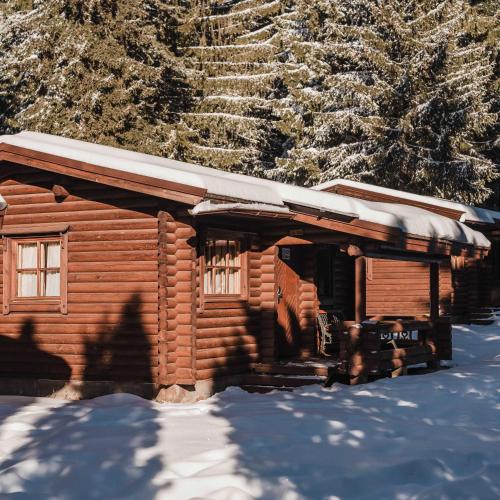 a log cabin with snow on top of it at Villas Jagoda & Malina in Borovets