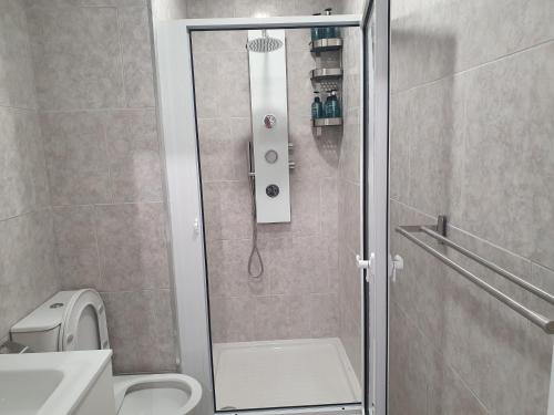 La salle de bains est pourvue d'une cabine de douche et de toilettes. dans l'établissement CASA GREGO, à La Vera