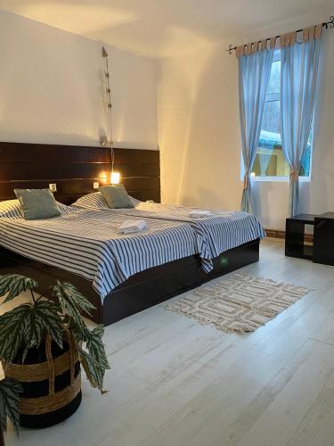 a bedroom with a large bed with blue curtains at Casa Mimi in Buşteni