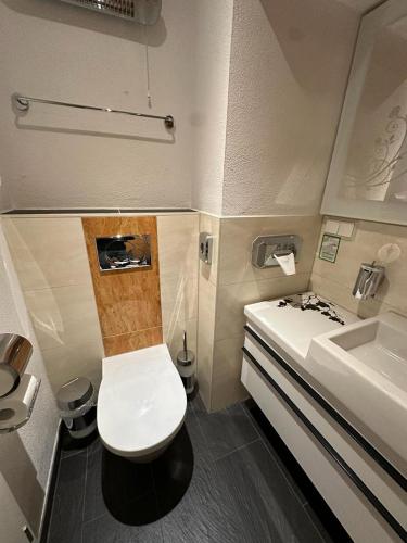 a small bathroom with a toilet and a sink at Hotel Zum Goldenen Anker in Bamberg