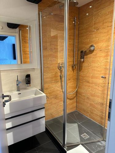 a bathroom with a shower and a sink at Hotel Zum Goldenen Anker in Bamberg