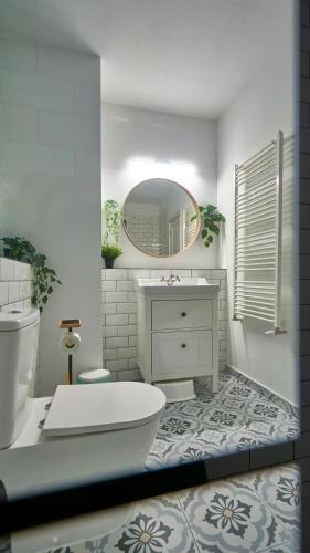 a bathroom with a sink and a toilet and a mirror at Family TreeZ Premium Apartments in Poiana Brasov