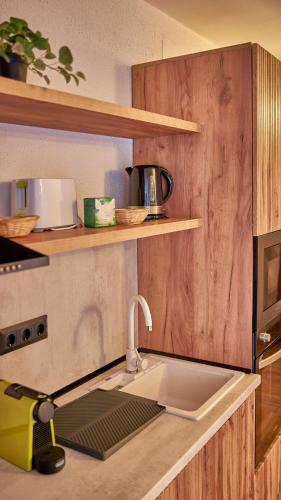 a kitchen with a sink with a mop on a counter at Family TreeZ Premium Apartments in Poiana Brasov