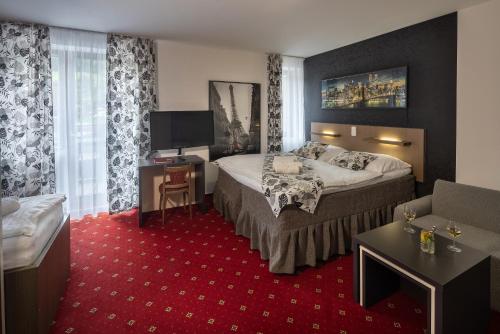 Habitación de hotel con cama y TV en Penzion Zubr en Ujčov