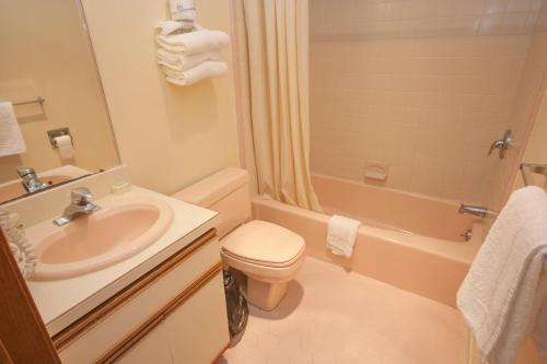 a bathroom with a sink and a toilet and a tub at Calypso Boutique Hotel in Wildwood
