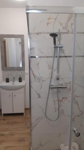 La salle de bains est pourvue d'une douche et d'un lavabo. dans l'établissement dom wypoczynkowy 10min autobusem od Starówki, à Gdańsk