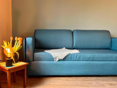 a blue couch in a living room with a table at Kloster-Quartier in Münster