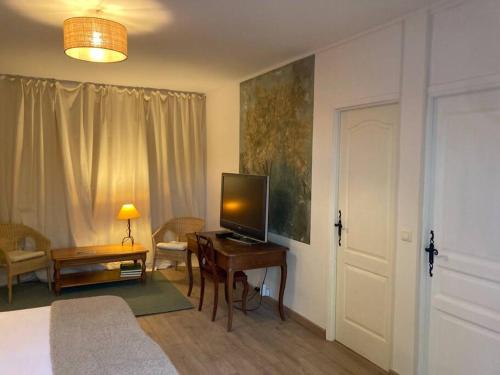 a bedroom with a bed and a desk with a television at Gîte au milieux des oliviers. in Caromb
