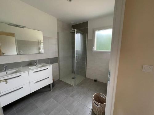 une salle de bain avec une douche, un lavabo et un miroir dans l'établissement Les Pins*Calme*Confort*Piscine, à Sarlat-la-Canéda