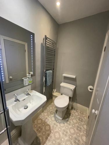 a bathroom with a white toilet and a sink at Poplars Farm in Henlow