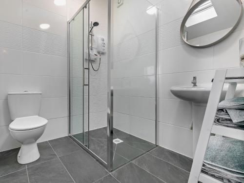 a bathroom with a shower and a toilet and a sink at 1 Bed in Sennen 93410 in Sennen