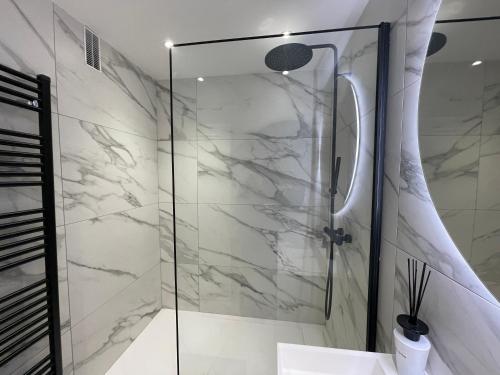 une douche avec une porte vitrée dans une salle de bain dans l'établissement Appartement moderne 1 chambre, à Cannes