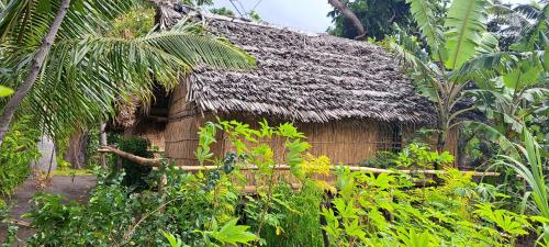 een oud huis met een rieten dak in een tuin bij Tanna Chez Nous Bungalow and Tours in Loméméti