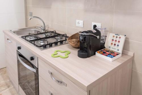 a kitchen counter with a stove and a sink at B&B Il Risveglio del Cavaliere in Gioia dei Marsi