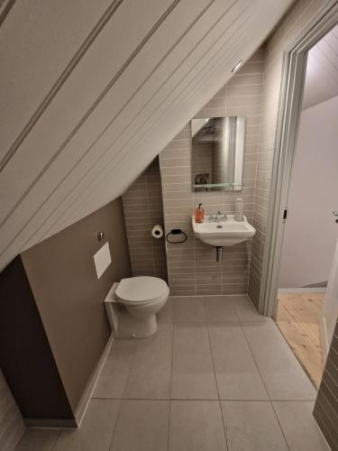 a bathroom with a toilet and a sink at Beach Penthouse, Hunstanton Norfolk in Hunstanton